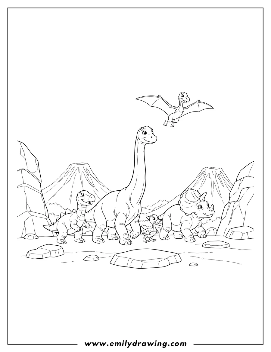 Coloring page of land Before Time Littlefoot, Cera, Ducky, Spike, and Chomper walking together on rocky terrain, with Petrie flying above