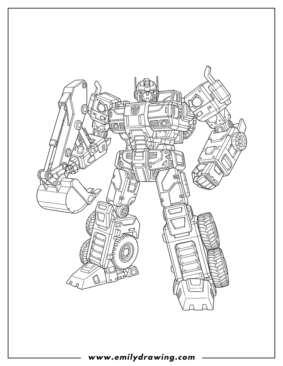 PDF style coloring page: detailed Long Haul Autobot Form, a standing construction vehicle robot with a shovel arm