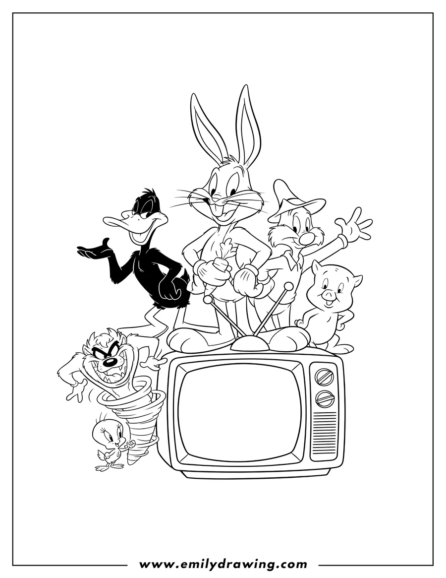 Linear illustration of looney Tunes Tv, a group of iconic characters including Bugs Bunny and Daffy Duck, clustered together