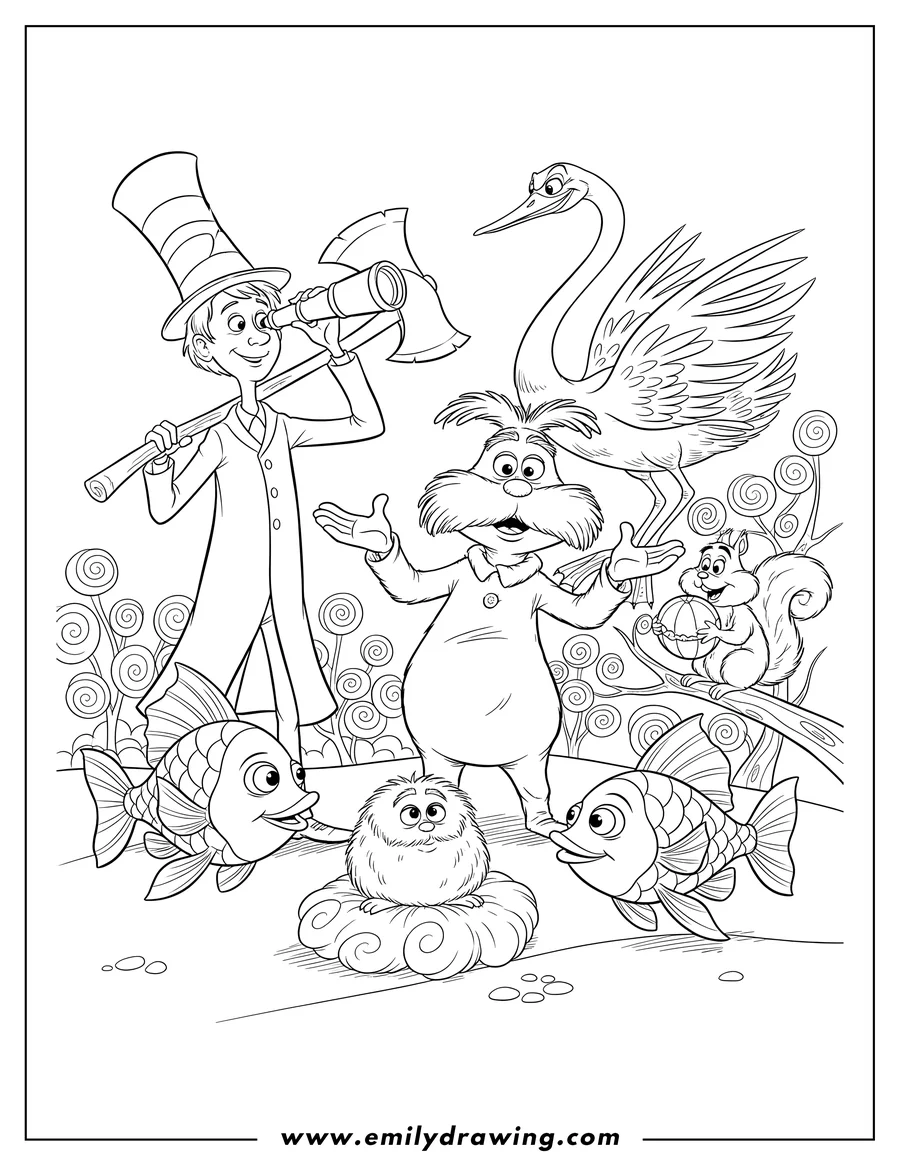 Printable line art of lorax gesturing, Pipsqueak eating a fruit, Once-ler with axe and spyglass, Lou, Humming Fish, and Swomee Swan