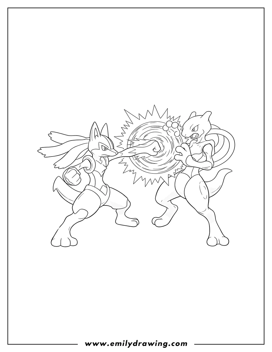 Coloring sheet featuring lucario punching Mewtwo, who is charging an energy ball