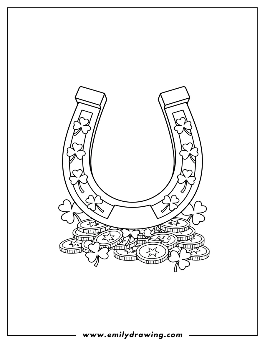 Coloring page of lucky Horseshoe adorned with shamrocks and coins at its base to color