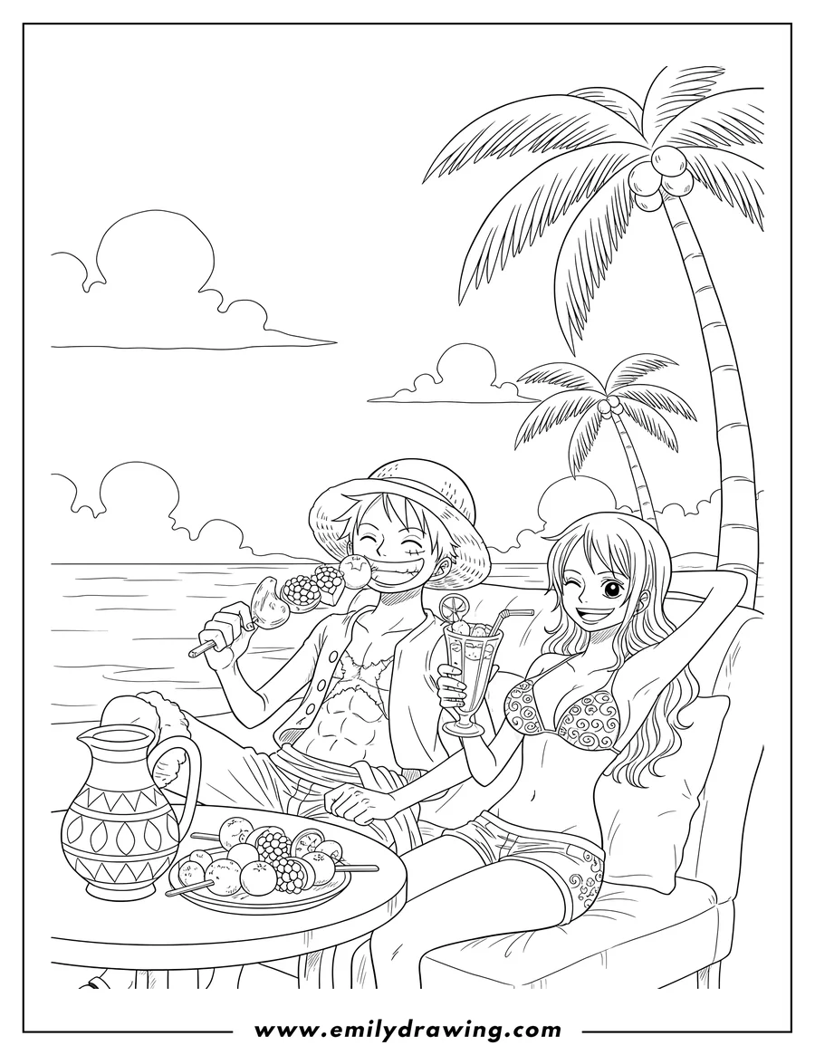 Printable line art of luffy and Nami Lounging, Eating Fruit on Sticks and Drinking