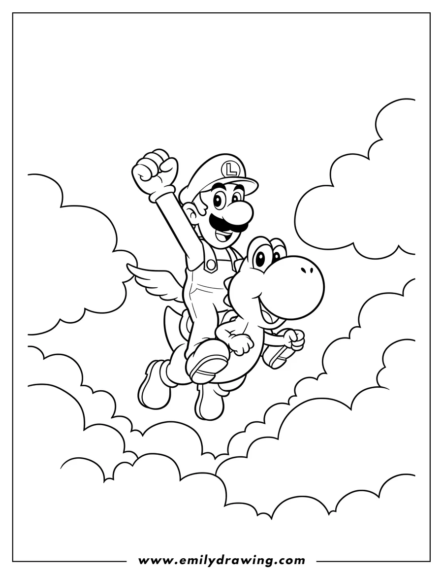 PDF style coloring page: luigi riding Yoshi, fist raised, flying in the clouds
