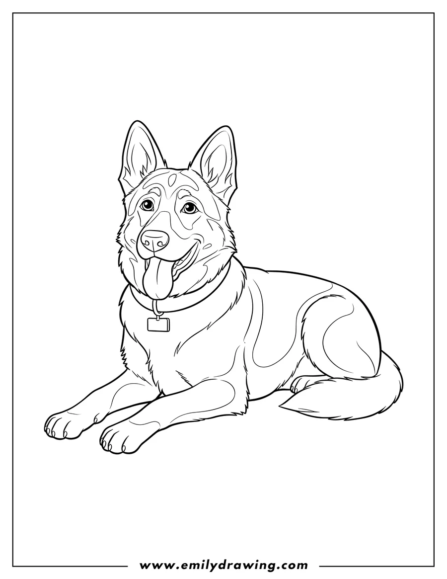 Vector style outline of detailed German Shepherd With Collar Lying Down, Tongue Out
