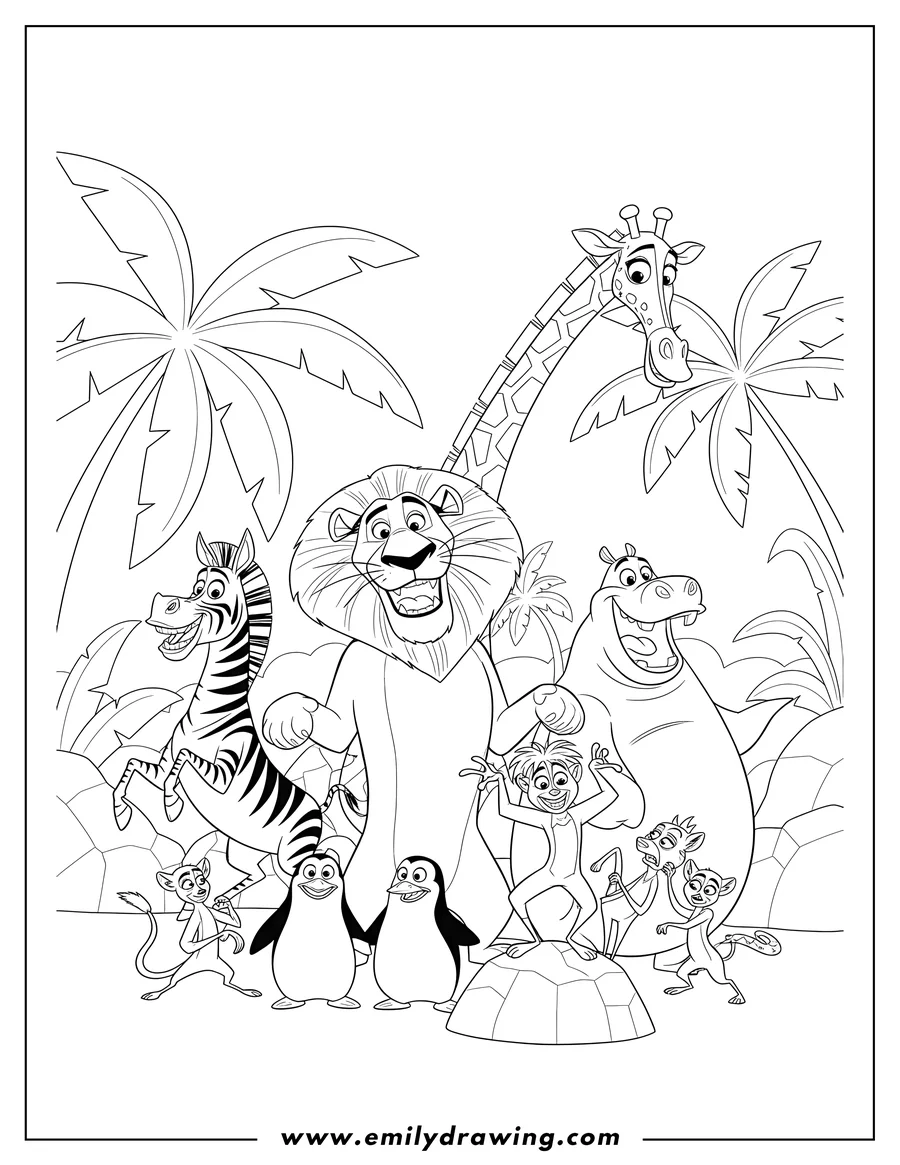High quality printable madagascar Movies: Alex, Marty, Gloria, Melman, penguins, and lemurs all together for coloring