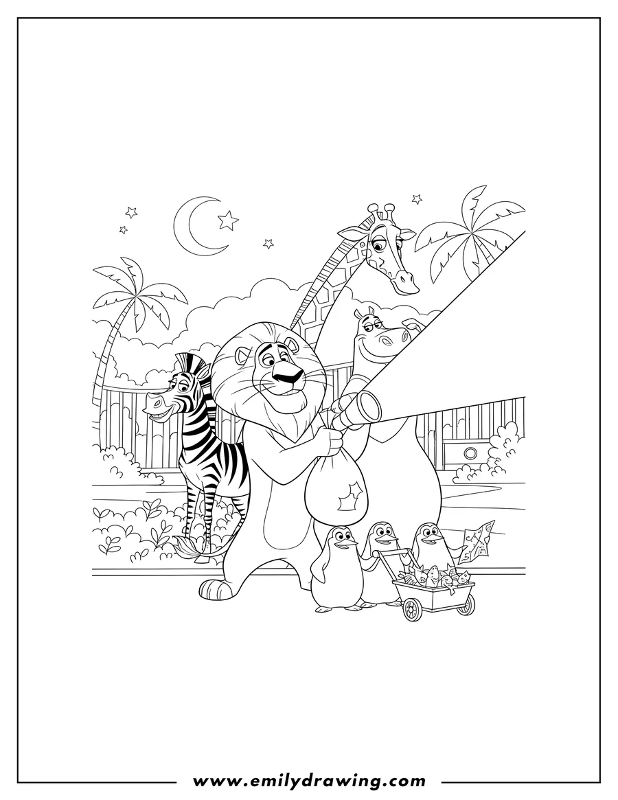 Printable line art of madagascar Alex, Marty, Gloria, and Melman sneaking out with the penguins