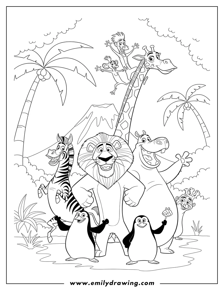 Outline drawing of detailed Madagascar Poster of the whole crew happily posing together