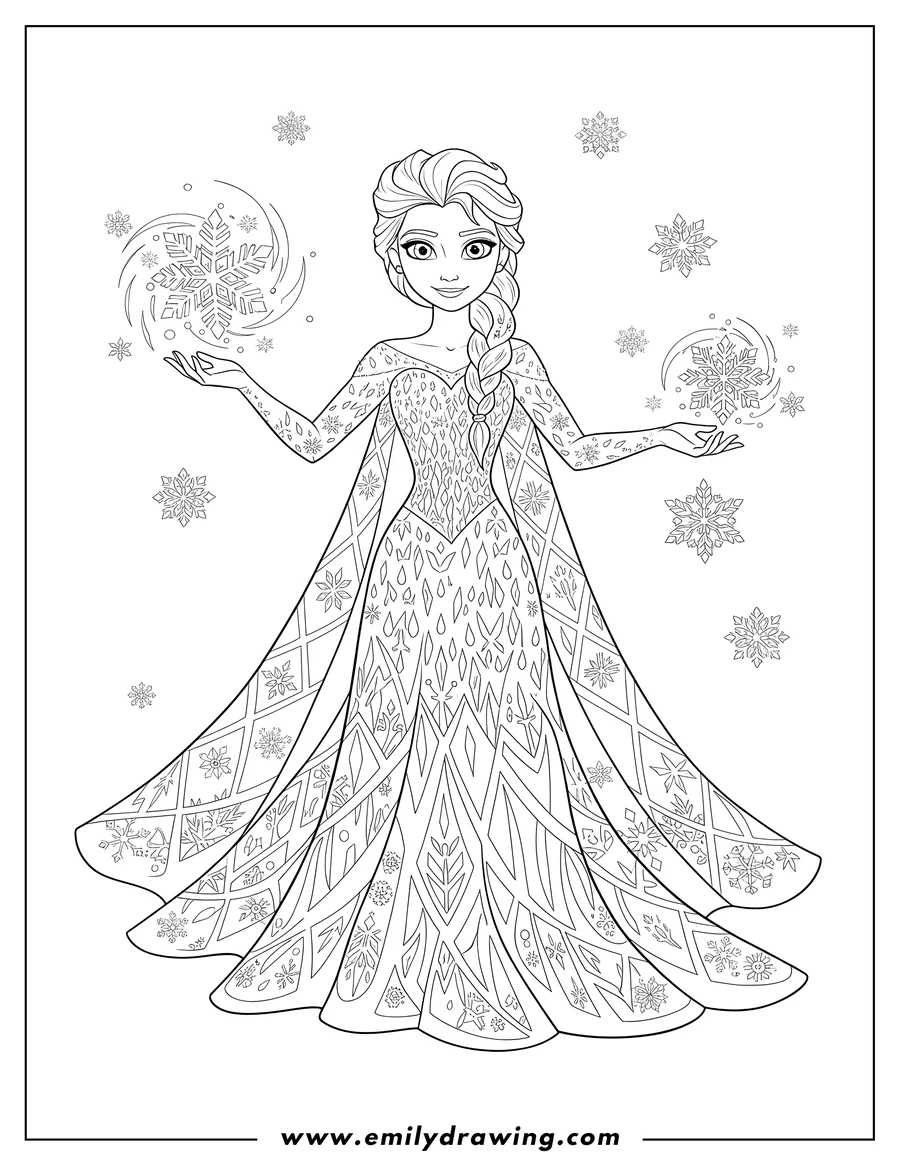 Black and white line art of detailed Magical Elsa Scaled, creating snowflakes and wearing a long braid