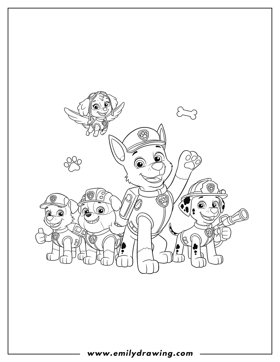 PDF style coloring page: main Paw Patrol Characters Scaled, featuring Chase, Marshall, Rubble, Skye, and Rocky smiling and posing together