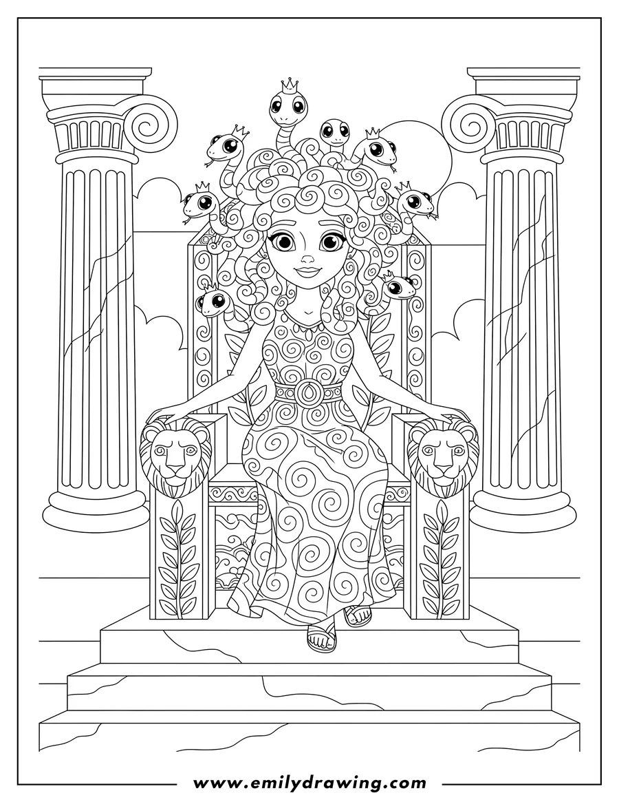 Clean line drawing: majestic Medusa with snake hair sitting on a stone throne