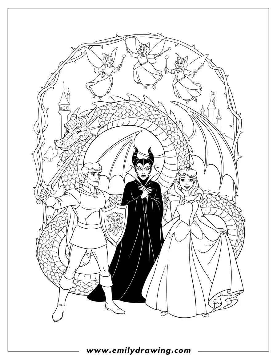 Printable coloring page of maleficent and her dragon form, Princess Aurora, the Fairy Godmothers, and Prince Philip with his sword and shield