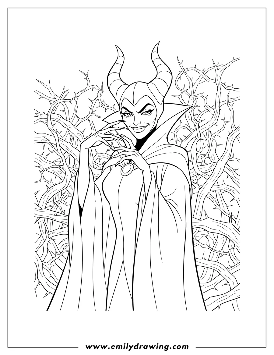 Doodle style coloring picture of detailed Maleficent with long nails, smirking, and a Thorny Background