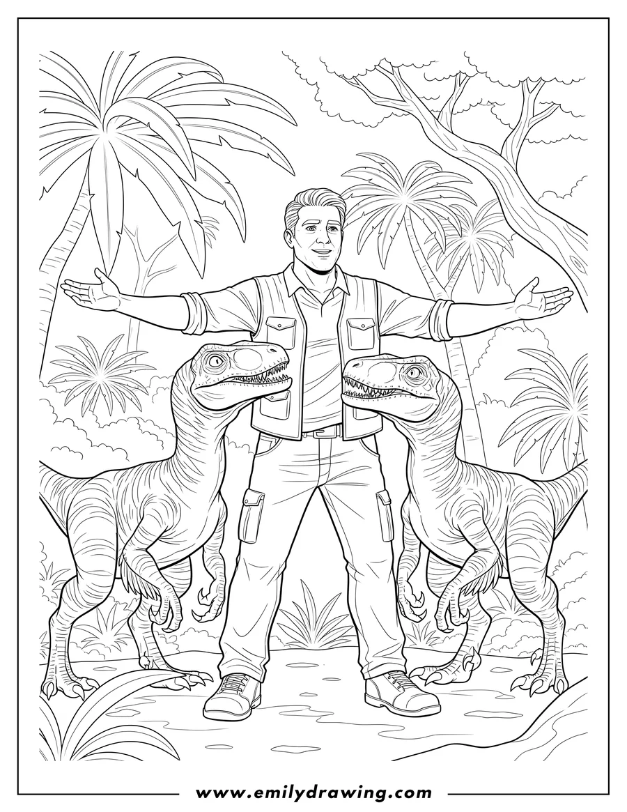 PDF style coloring page: man with outstretched arms with two Velociraptors from Jurassic World