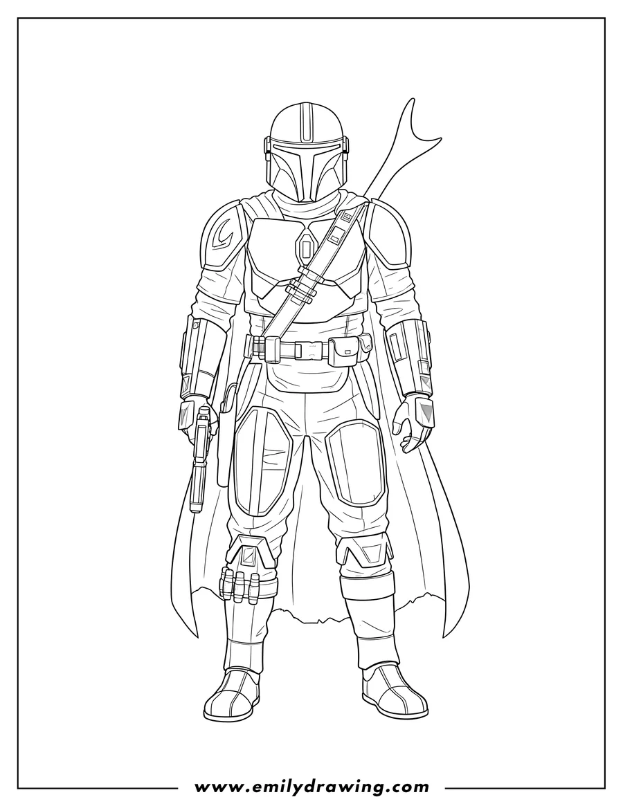 Linear illustration of detailed Mandalorian standing, holding a blaster, with a long rifle on his back