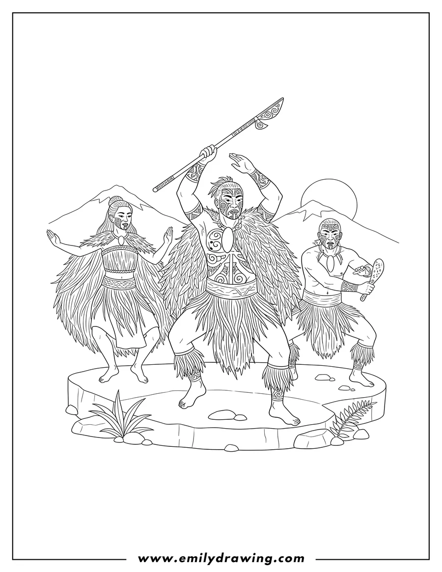Linear illustration of maori people with facial tattoos wearing traditional clothing performing a native dance