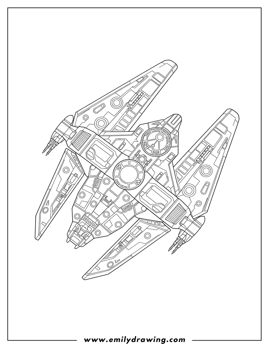 Clean line drawing: detailed Maquis Raider Starship, seen from above