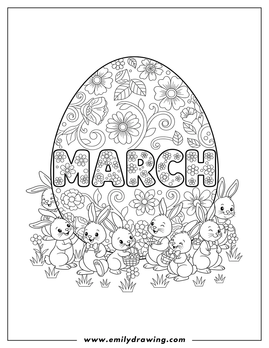 Simple sketch of march Word On Giant Floral Easter Egg Surrounded By Many Bunnies to color