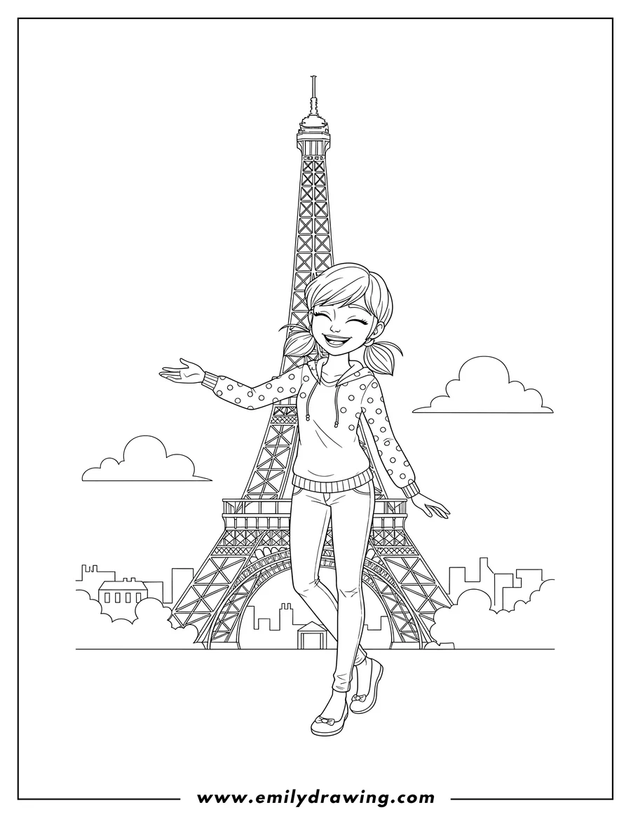 Black and white line art of marinette Dupain Cheng in Paris, smiling and touching the Eiffel Tower