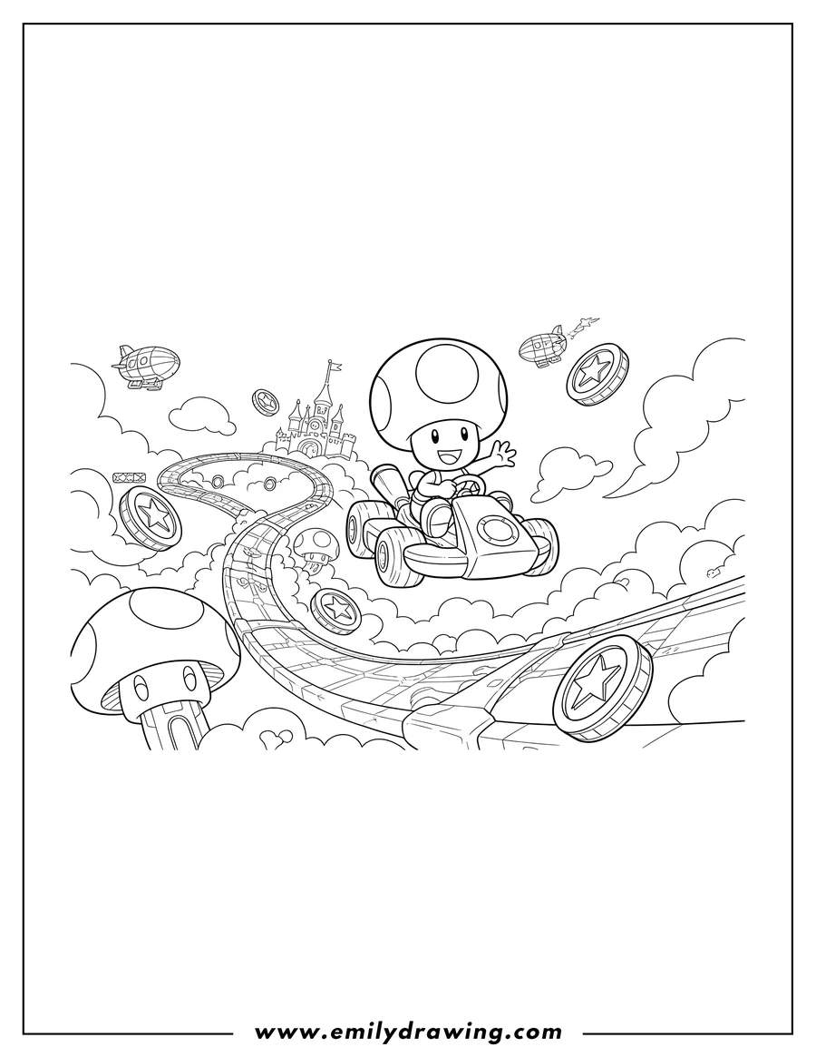 Coloring page for kids: mario Kart Odyssey Race Track To Color with a jumping Toad character and coins