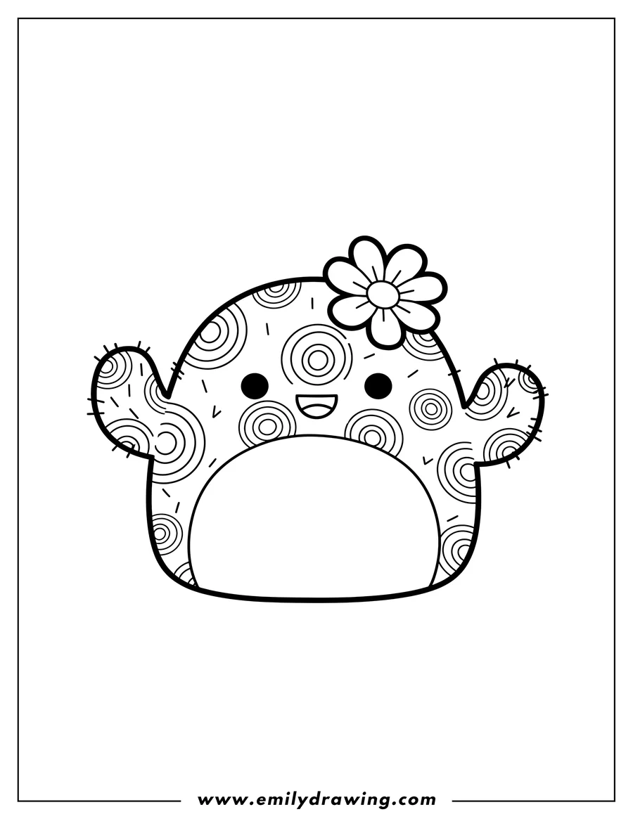 PDF style coloring page: maritza Cactus Squishmallow with a flower on its head and a smiling face