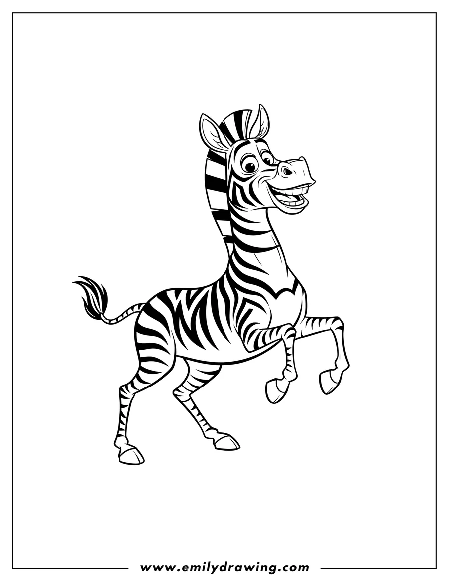 Downloadable coloring page of detailed Marty Zebra, wide grin, prancing pose