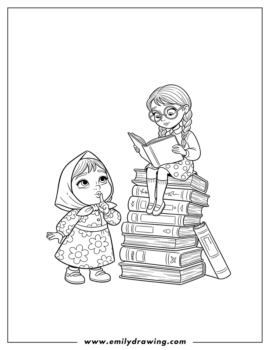 High quality printable masha with finger over mouth next to Dasha wearing glasses, reading a book while sitting on a tall stack of books for coloring