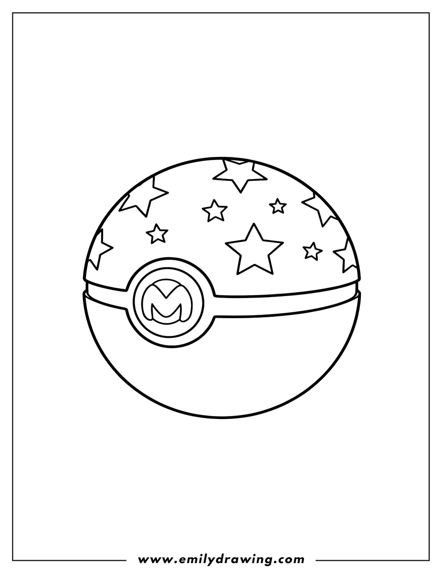 Outline drawing of master Ball with M symbol and stars