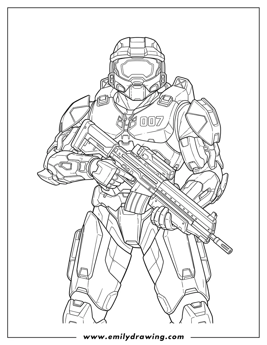 Clean line drawing: detailed Halo Infinite Master Chief standing and holding a gun, with 007 on his chest
