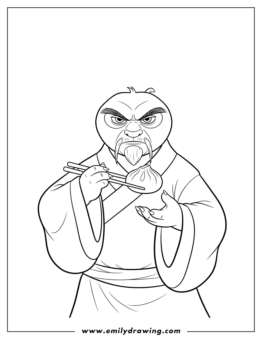 Coloring page of master Shifu holding a dumpling with chopsticks, stern expression