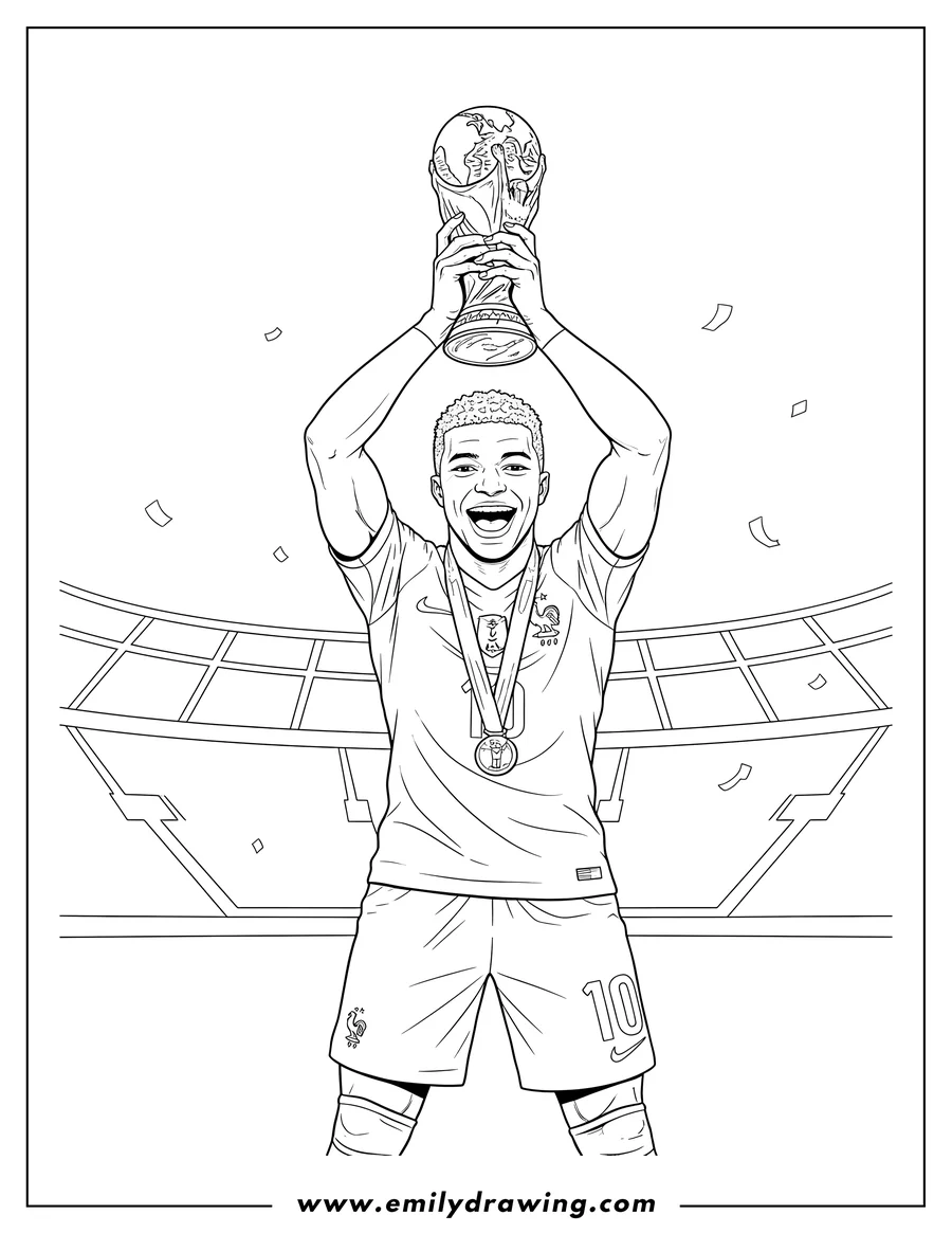 Simple sketch of kylian Mbappe smiling and holding the Fifa World Cup Trophy, wearing a medal to color