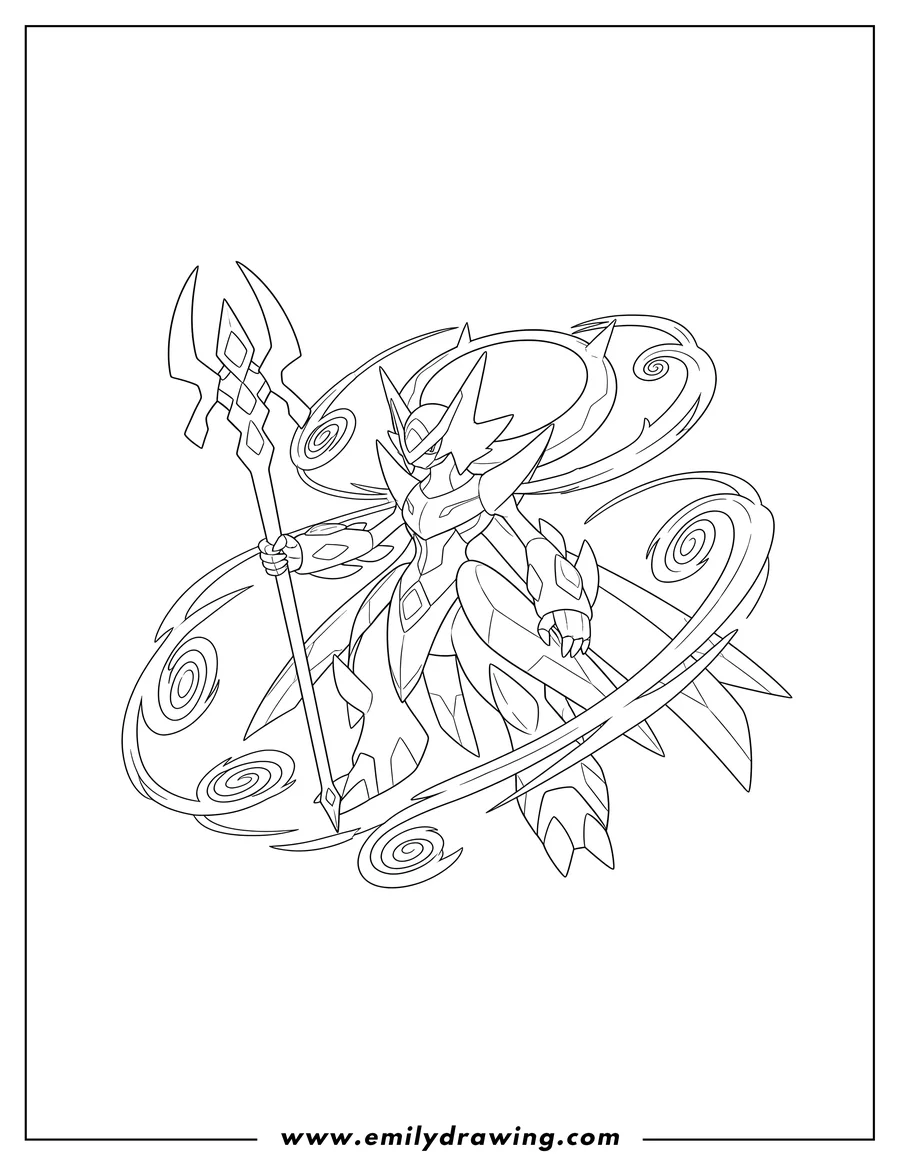 Coloring sheet featuring detailed Mega Arceus Outline, holding a jagged staff and surrounded by swirling cosmic energy