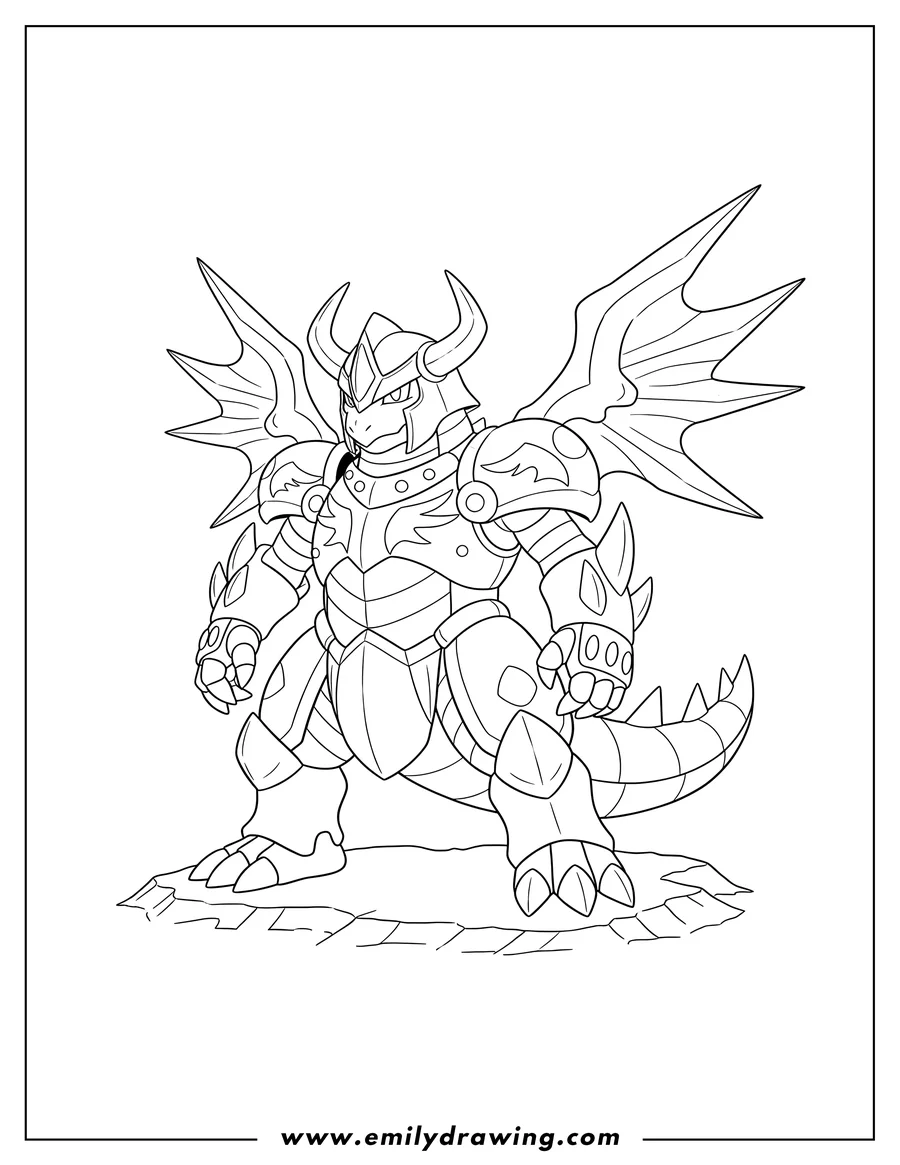 Vector style outline of mega Dragonite With Armor, standing in a powerful stance with spiky wings