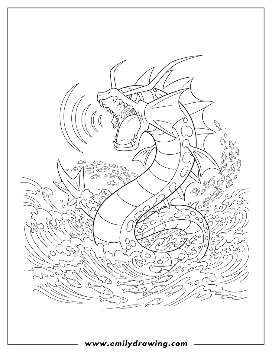 Outline drawing of mega Gyarados roaring in the ocean, surrounded by schools of fish