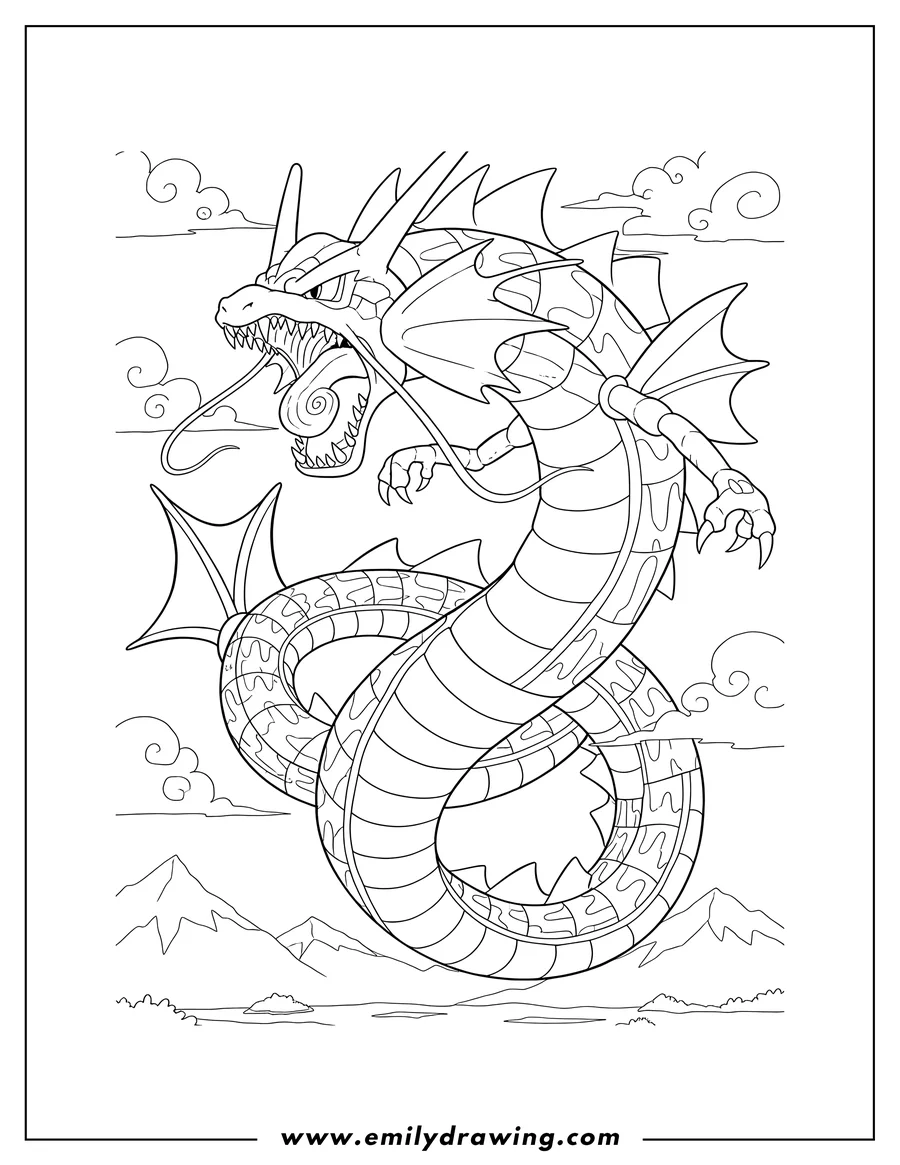 Vector style outline of detailed Mega Gyarados roaring in the sky