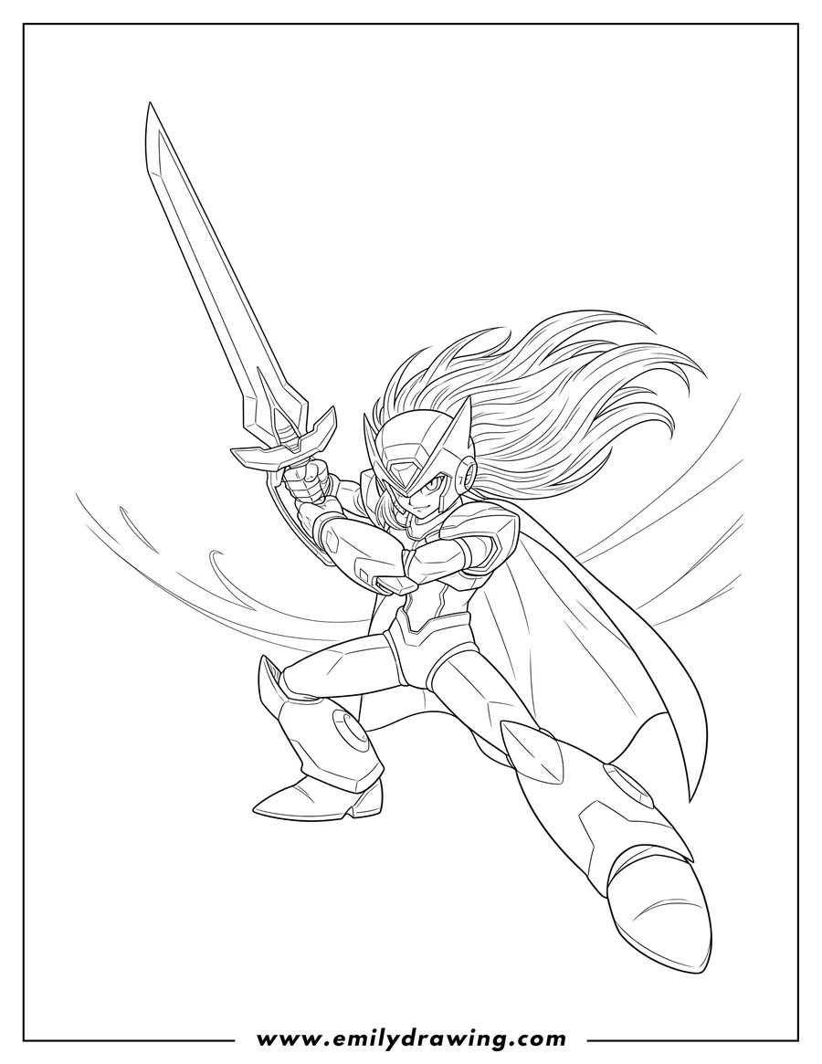 Downloadable coloring page of mega Man Zero Battle Holding His Sword, Z-saber raised, in a dynamic pose with flowing hair