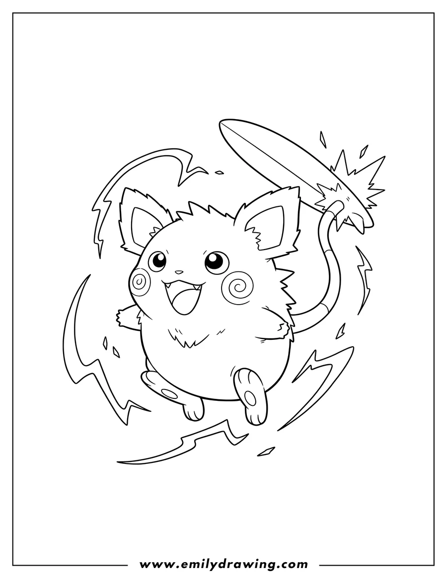 Printable line art of detailed Mega Raichu floating with an open mouth, surrounded by lightning and its tail sparking