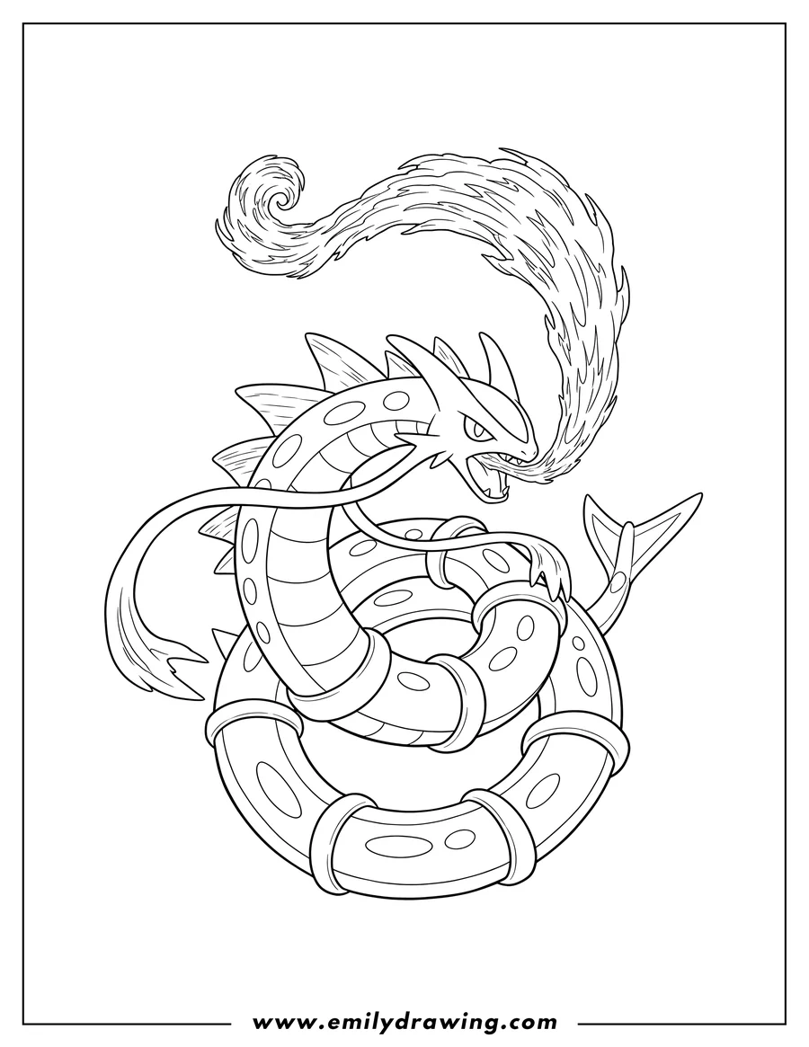 High quality printable detailed Mega Rayquaza, coiled, breathing a plume of energy for coloring