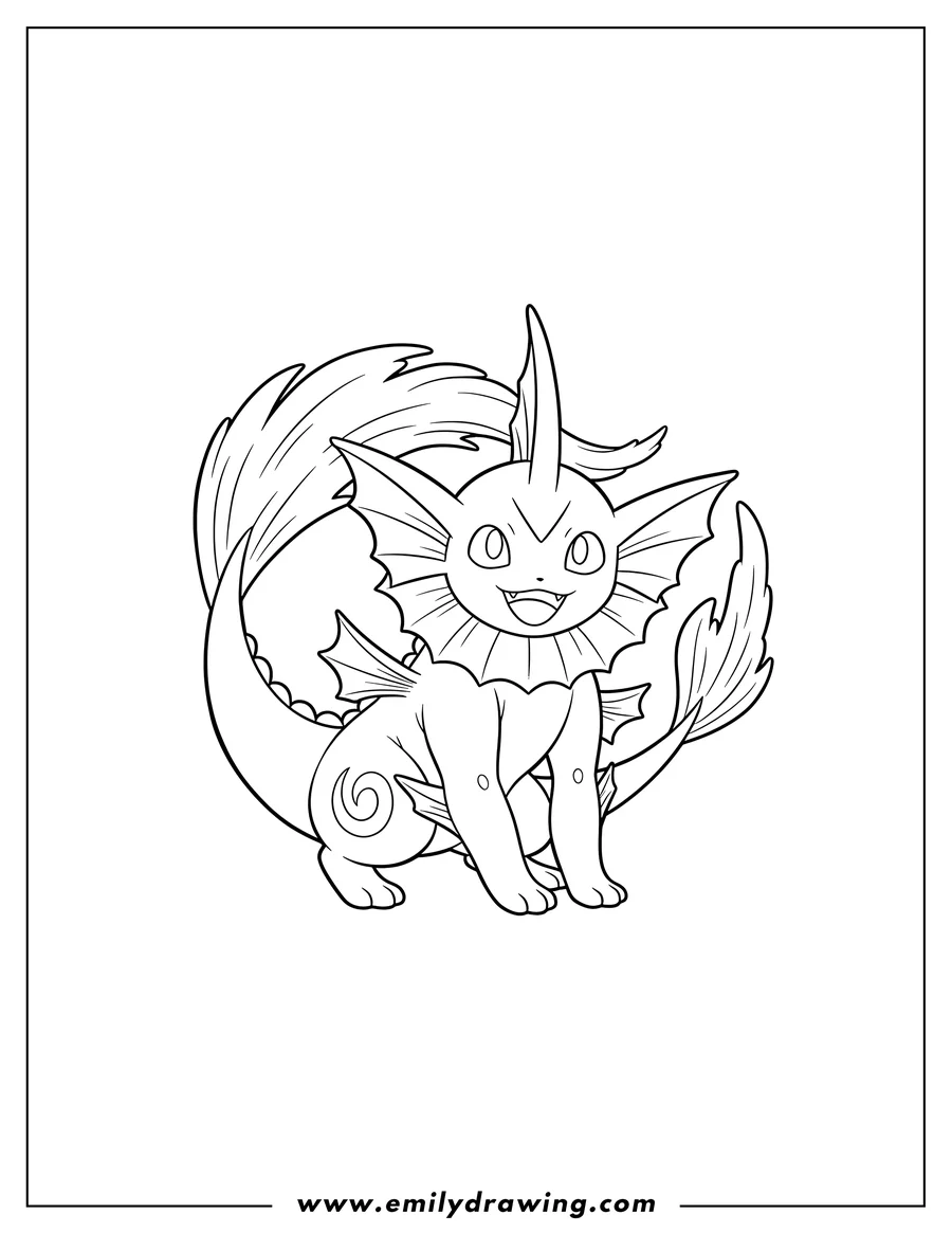 Outline drawing of mega Vaporeon smiling in a crouching pose