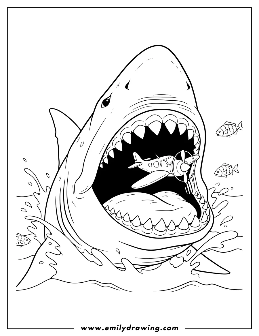 Downloadable coloring page of megalodon with wide open jaws catching an airplane flying into its mouth
