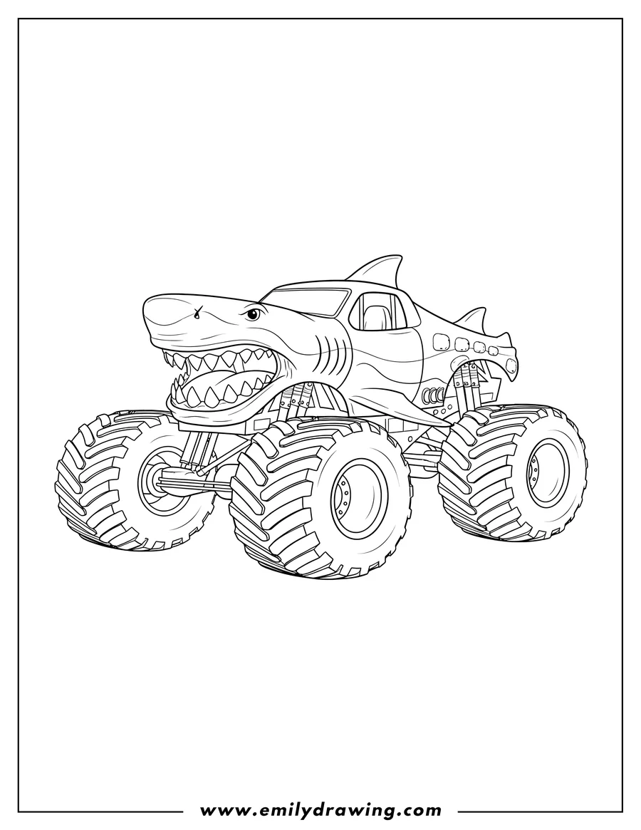 Printable coloring page of megalodon Shark Monster Truck Scaled, showing sharp teeth and huge tires