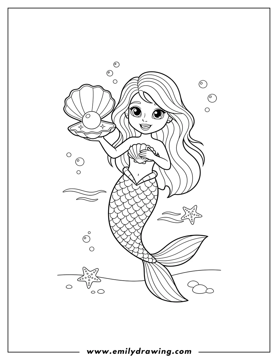 Coloring sheet featuring mermaid Polly Pocket smiling, with one hand raised and holding an open mussel with a pearl