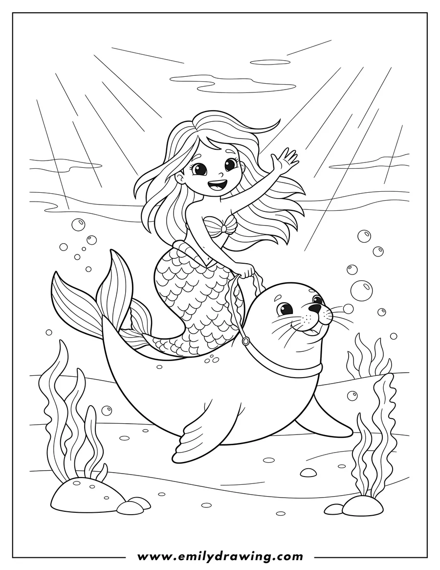 Free to print drawing of mermaid riding one seal, swimming with another seal