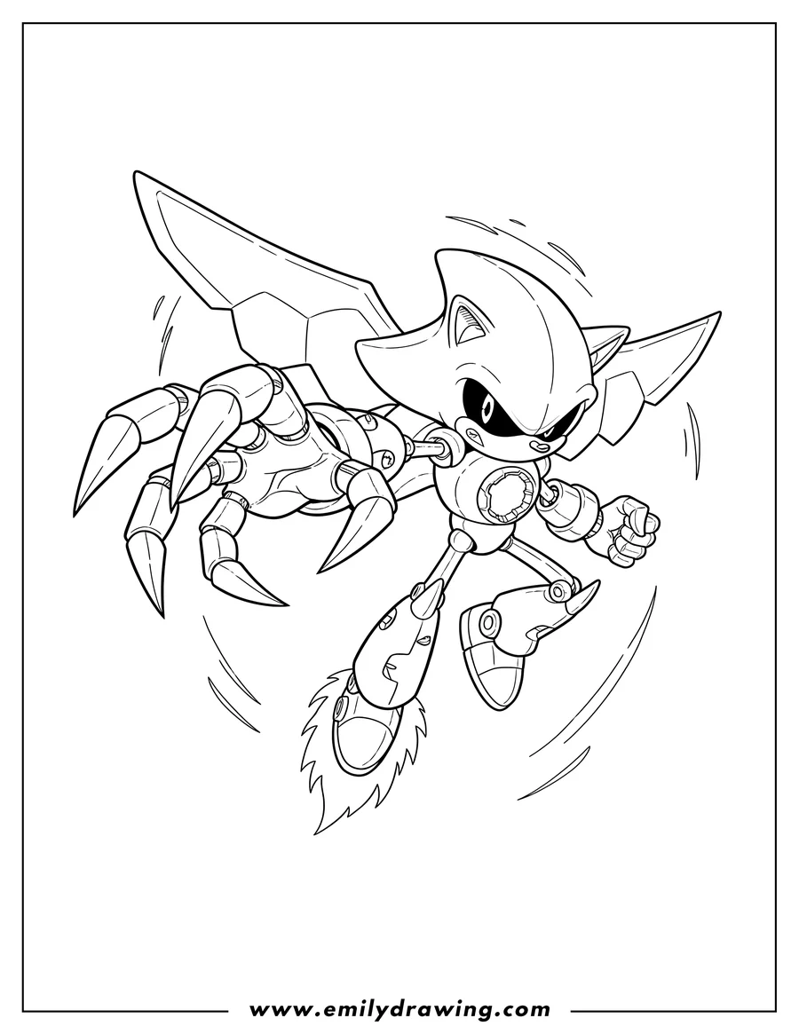 Coloring sheet featuring detailed Metal Sonic in a dynamic flying battle pose, with sharp claws visible