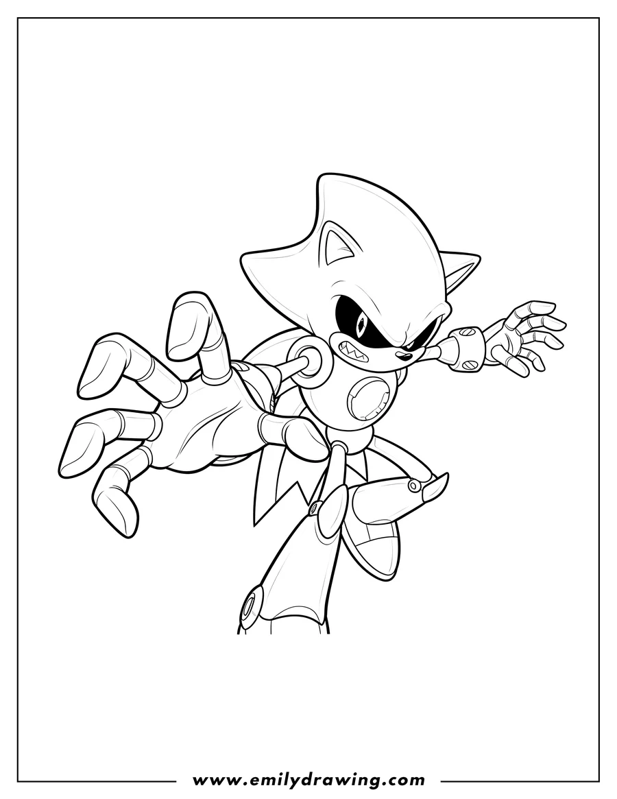 Full page coloring image of detailed Metal Sonic showing off his splayed claws with a fierce expression
