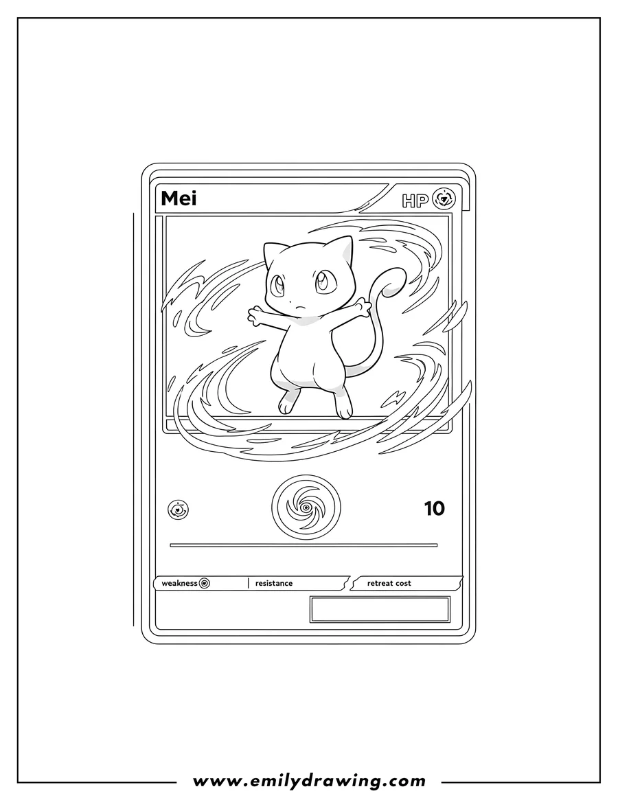 Coloring sheet featuring mew Psywave Pokemon Card with Mew standing, ready for coloring