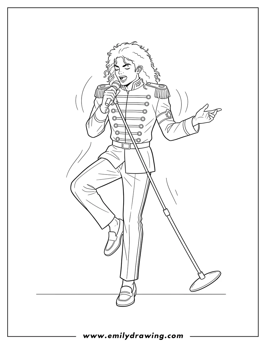 Downloadable coloring page of detailed Michael Jackson with curly hair, holding a microphone, doing a toe stand while singing
