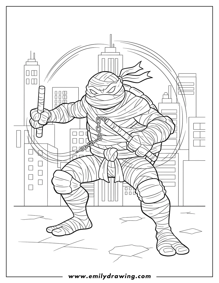Coloring page of michelangelo, squatting and wrapped in bandages, using nunchucks in a city