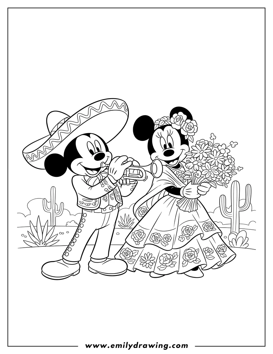Printable coloring page of mickey Mouse And Minnie Mouse in Mexican clothes for Cinco De Mayo, Mickey playing a trumpet, Minnie holding flowers