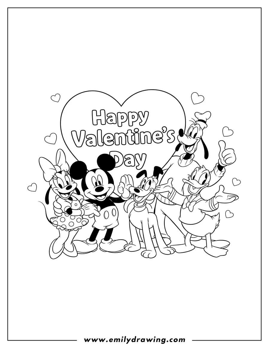 Linear illustration of mickey Mouse, Minnie Mouse, Goofy, Donald Duck, and Pluto smiling together around a 'Happy Valentine's Day' heart